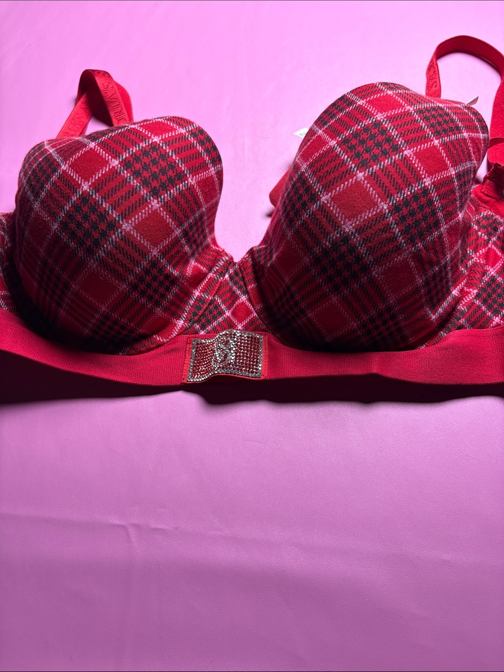Red Plaid Push-Up Bra with Rhinestone Accent